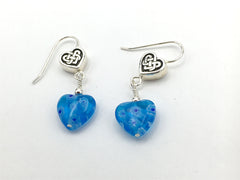 Pewter & sterling silver Celtic Knot Heart dangle earrings-blue millefiori glass-Valentine