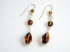 Sterling silver and tortoise glass beads dangle earrings- Elegant, 2 1/8 inches