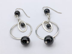 Sterling silver and Black Onyx oval in circle dangle earrings, circles