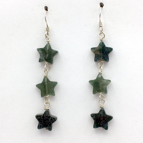 Sterling Silver  & Moss Agate 3 star bead dangle earrings-2 1/8 inch long, stars