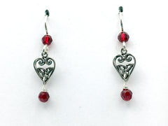 Sterling Silver small Celtic Trinity Knot Heart dangle Earrings-burgundy red crystal