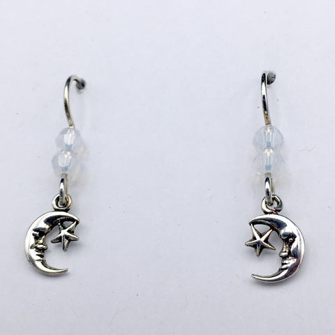 Sterling Silver small crescent moon face & star dangle earrings- moons, crystal