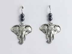 Pewter & sterling silver large elephant head dangle earrings-elephants, trunk