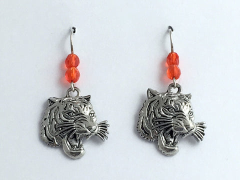 Pewter &  Sterling silver growling Tiger face dangle earrings-Tigers,big cat,