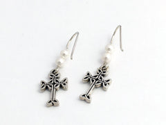 Pewter & Sterling silver Celtic knot cross dangle earrings-  glass "pearls"