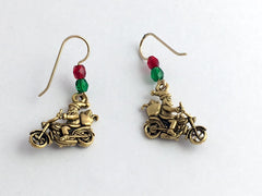 Goldtone Pewter & 14k gf Santa on motorcycle dangle Earrings-Christmas- holiday