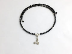 Black  Glass with Sterling Silver Triskelion Centerpiece Memory Wire Choker- Celtic