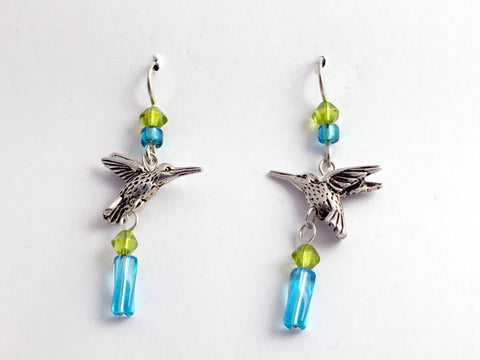 Pewter & Sterling silver hummingbird dangle earrings-green, aqua glass, bird