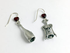 Pewter & sterling silver Wine Bottle and Corkscrew earrings-red, tasting,winery