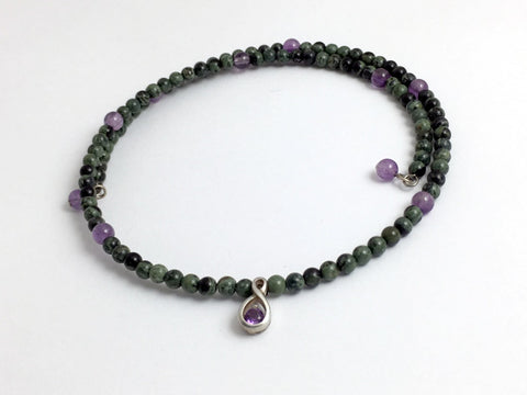 Kambaba Jasper and amethyst with Sterling silver faceted amethyst Centerpiece Memory Wire Choker