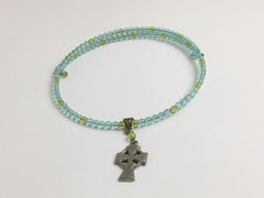 Aqua and peridot color glass with Pewter Celtic Cross Centerpiece Memory Wire Choker