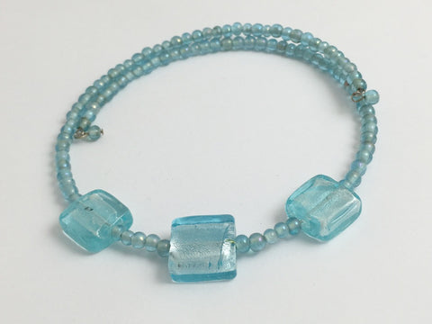 Aqua glass with 3 Aqua Foil Glass bead Centerpiece Memory Wire Choker