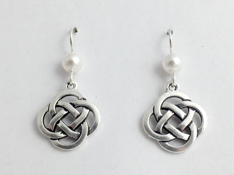 Pewter & Sterling Silver large Round Celtic Knot dangle Earrings-glass "pearl"