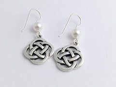 Pewter & Sterling Silver large Round Celtic Knot dangle Earrings-glass "pearl"