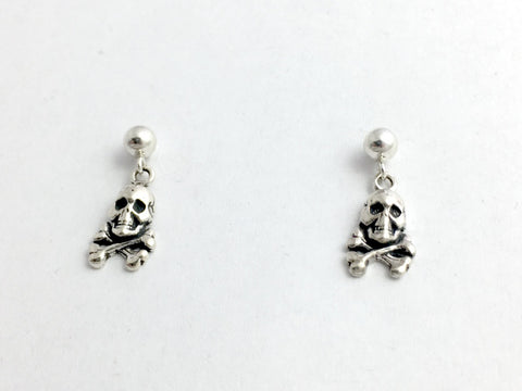 4mm ball stud Sterling Silver Skull &  Crossbone dangle earrings-Pirate, pirates