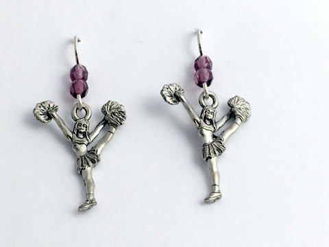 Pewter & Sterling silver Cheerleader dangle earrings- Cheer, Team Colors, kick