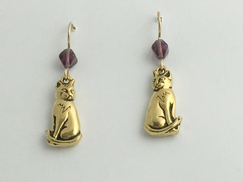Gold-Tone Pewter &14k gf Sweet sitting Cat dangle Earrings- cats, feline, purple