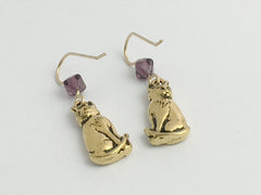 Gold-Tone Pewter &14k gf Sweet sitting Cat dangle Earrings- cats, feline, purple