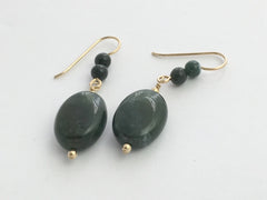 14k gold filled wire and Moss Agate oval bead dangle earrings- 1 7/8 inch long,