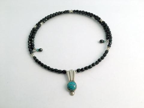 Black faceted glass with Sterling silver and Turquoise Centerpiece Memory Wire Choker
