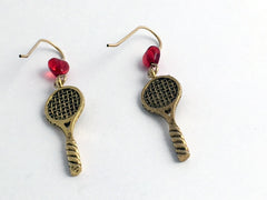 Gold Tone Pewter & 14kgf Tennis Racquet & Ball dangle Earrings-Racket- balls