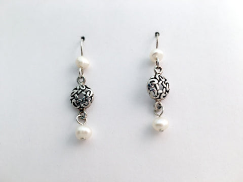 Sterling Silver round Celtic Knot dangle Earrings-freshwater pearls -1 1/2" long