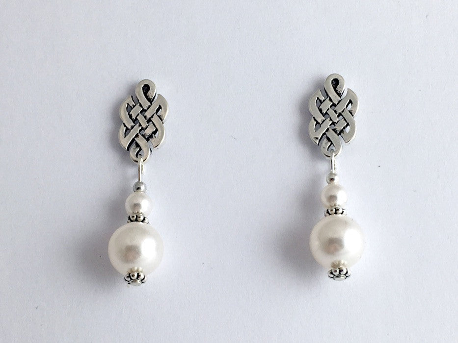 Sterling Silver & surgical steel Celtic knot stud Earrings-Glass "Pearls", knots