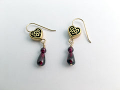 Gold tone Pewter & 14k gf Celtic Knot Heart earrings, garnet, hearts, January