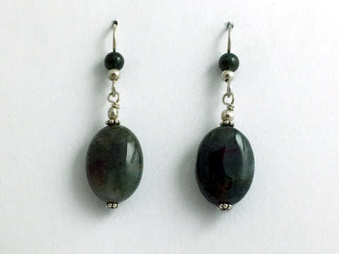 Sterling silver and Moss Agate oval bead dangle earrings- 1 7/8 inch long,