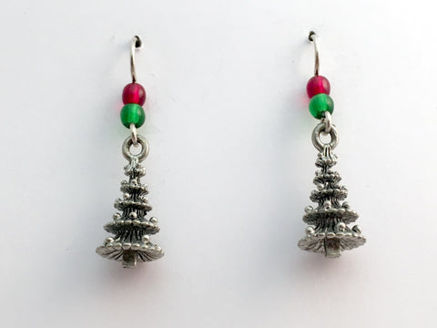 Pewter & Sterling Silver 3-D Christmas Tree dangle Earrings- holiday, trees