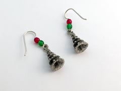 Pewter & Sterling Silver 3-D Christmas Tree dangle Earrings- holiday, trees