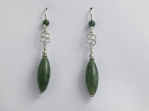 Sterling Silver  tiny swirl with jade dangle Earrings-elegant, 2 1/4 inches long