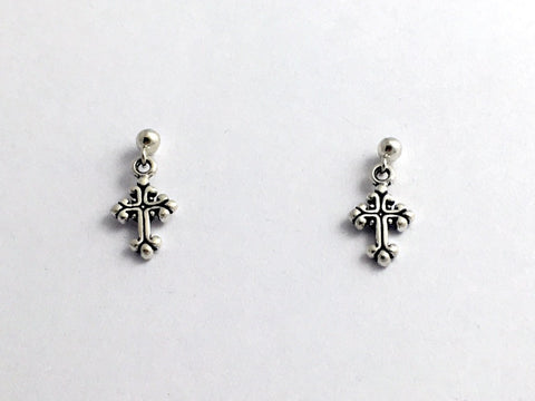 Sterling silver 3mm ball stud with tiny  fancy cross dangle earrings-religion