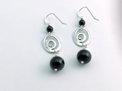 Sterling silver Double Textured Oval dangle earrings-black onyx dangle, Hook