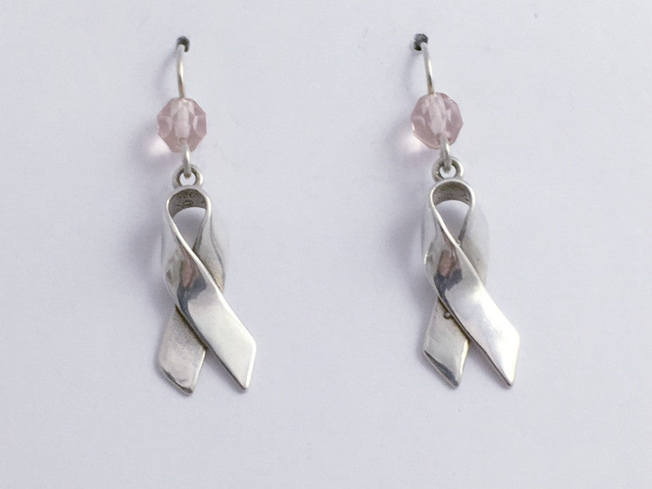Sterling Silver Large Breast Cancer Awareness Ribbon earrings-pink glass,survivor
