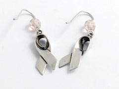Sterling Silver Large Breast Cancer Awareness Ribbon earrings-pink glass,survivor