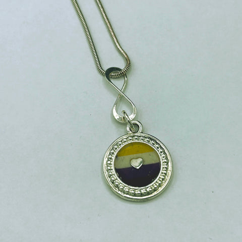 Round Pewter Non-Binary flag & sterling silver Heart and infinity knot necklace -resin,Pride,LGBTQ&nbsp;