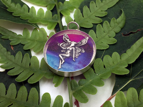 Sterling silver 25mm Round Pendant with Fairy, Alcohol Ink Art, Fey, Fantasy