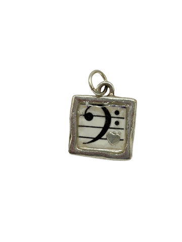 Pewter w/ Bass Clef & sterling silver heart pendant-music, musician, score, love