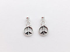 Sterling silver 3mm ball stud w/tiny raised peace sign dangle earrings- world