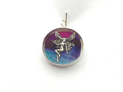 Sterling silver 25mm Round Pendant with Fairy, Alcohol Ink Art, Fey, Fantasy