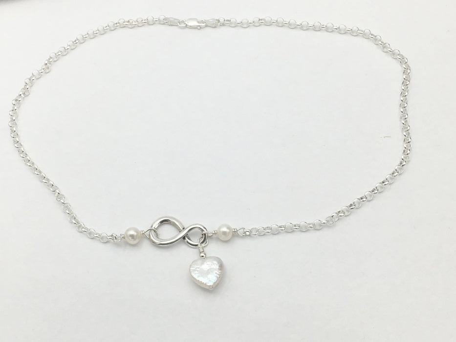 18 inch sterling silver rolo chain Infinity Necklace, freshwater pearls, Heart
