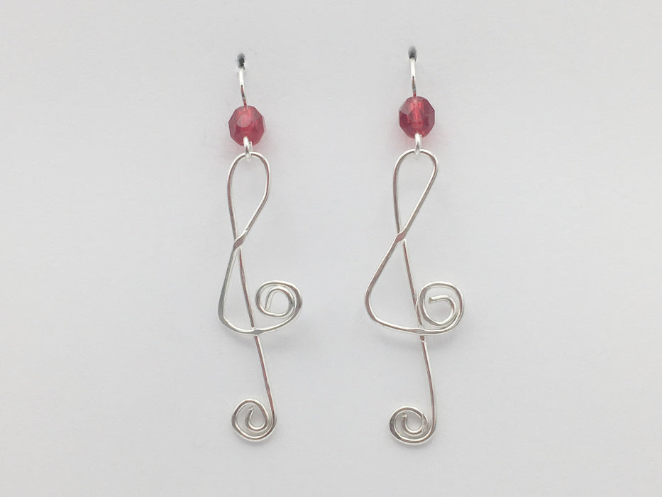 Sterling Silver  Treble Clef w/spiral dangle earrings-music,musician, band- red