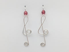 Sterling Silver  Treble Clef w/spiral dangle earrings-music,musician, band- red