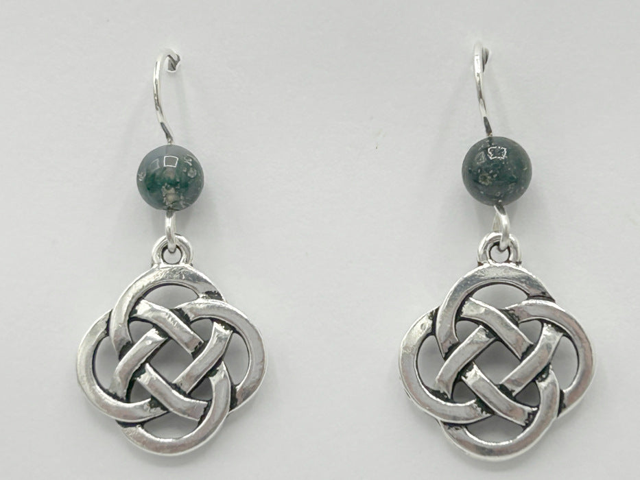 Pewter & Sterling Silver large Round Celtic Knot dangle Earrings-moss agate
