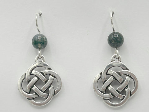 Pewter & Sterling Silver large Round Celtic Knot dangle Earrings-moss agate