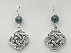 Pewter & Sterling Silver large Round Celtic Knot dangle Earrings-moss agate