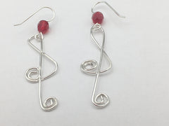 Sterling Silver  Treble Clef w/spiral dangle earrings-music,musician, band- red