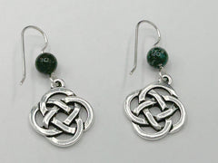 Pewter & Sterling Silver large Round Celtic Knot dangle Earrings-moss agate