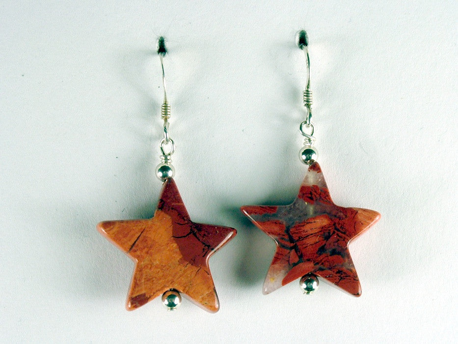 Sterling silver large Brecciated Jasper Star dangle earrings-brick red,astronomy